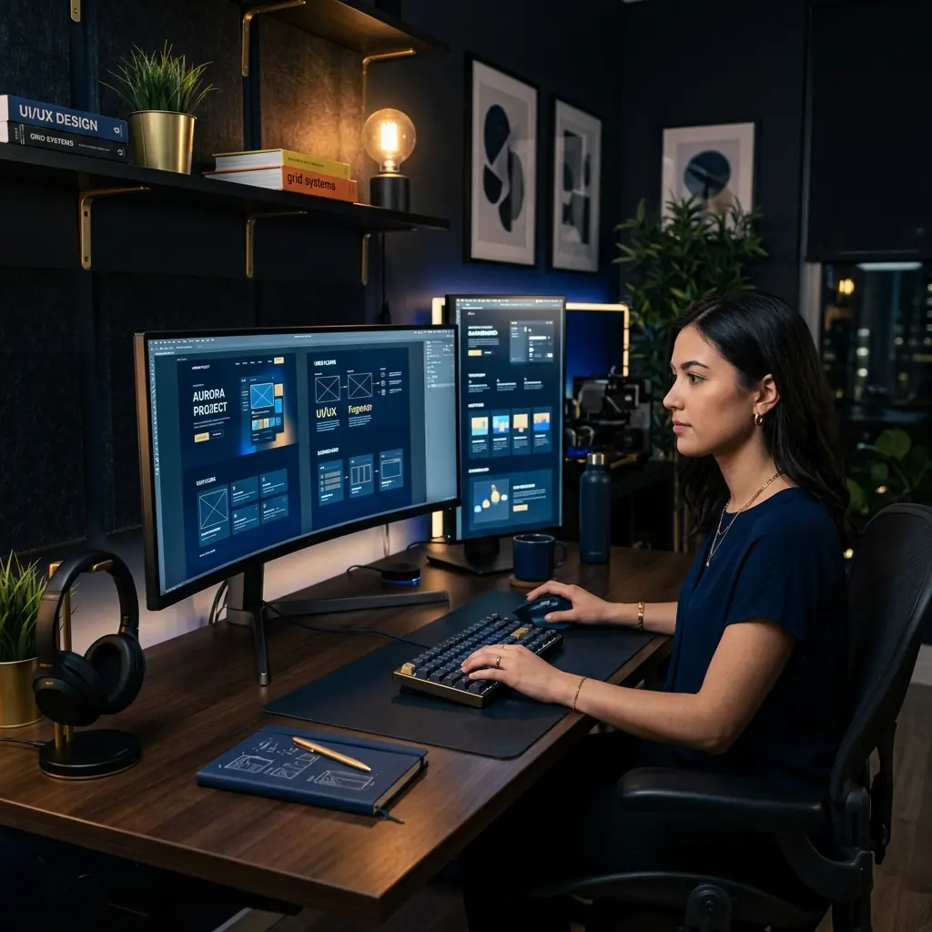 A sleek, modern web design workspace, glowing screens showing UI/UX designs.
